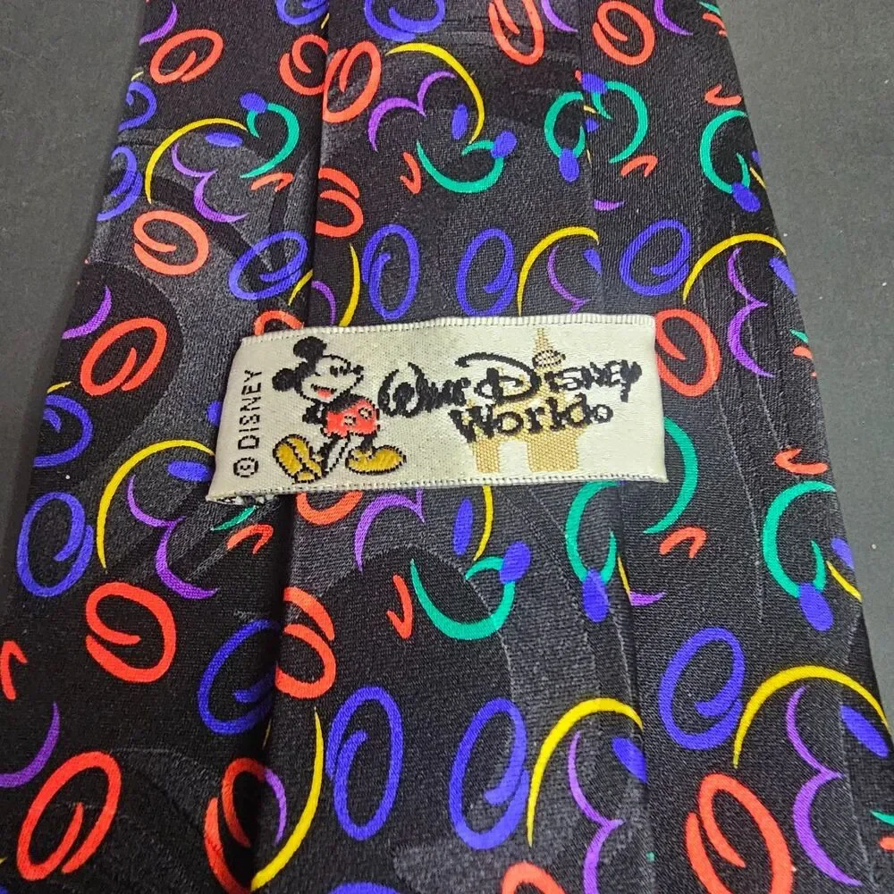 Vtg 1990s Mickey Mouse Neon Profile Black Background Tie Walt Disney World Silk
